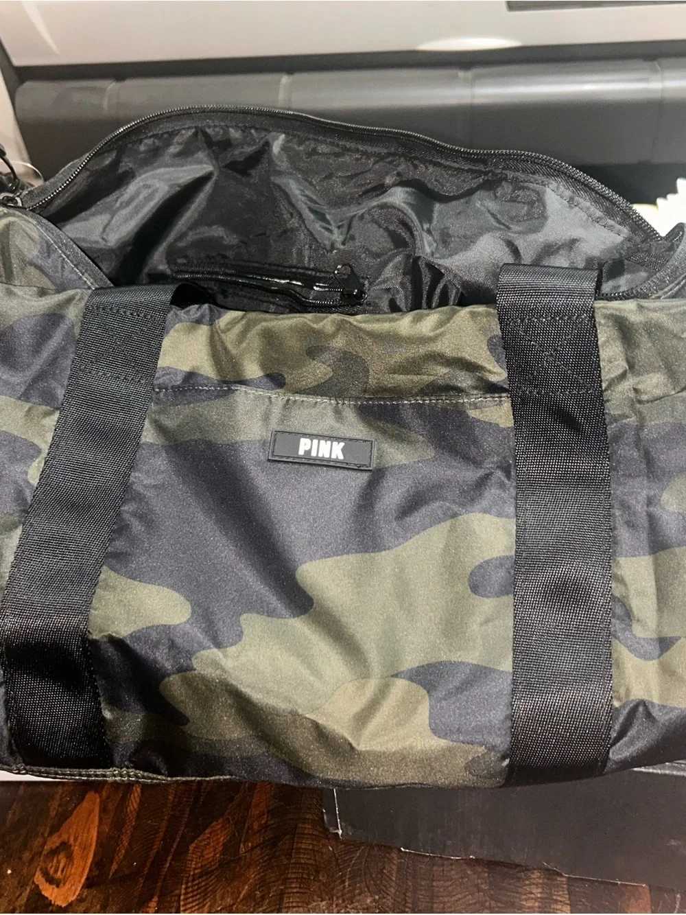 PINK Victoria's Secret Camo Duffle Bag in Green and Black - Picture 1 of 5